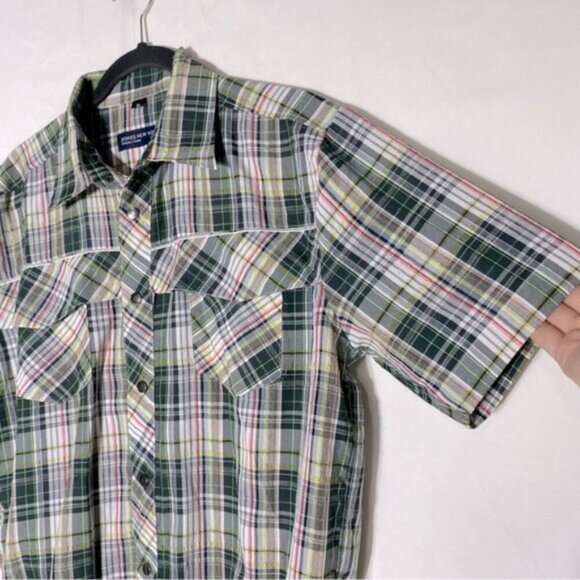 Jones New York Green Wht Plaid Short Sleeve Elastic Hem Snap Front Golf Shirt XL - Picture 6 of 14